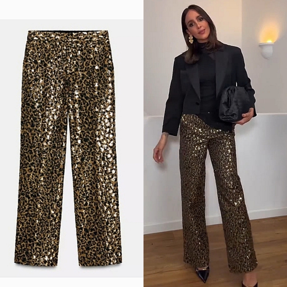 ZARA ANIMAL PRINT SEQUIN STRAIGHT LEG PANTS SIZE S